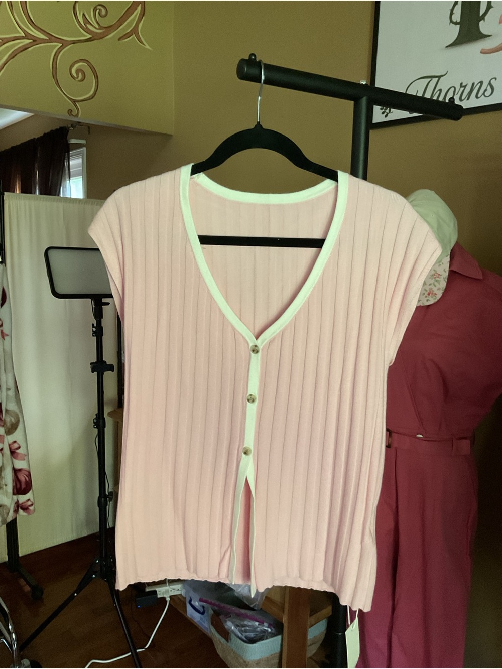 Light Pink Ribbed V-Neck Button Front Top with Contrast Trim